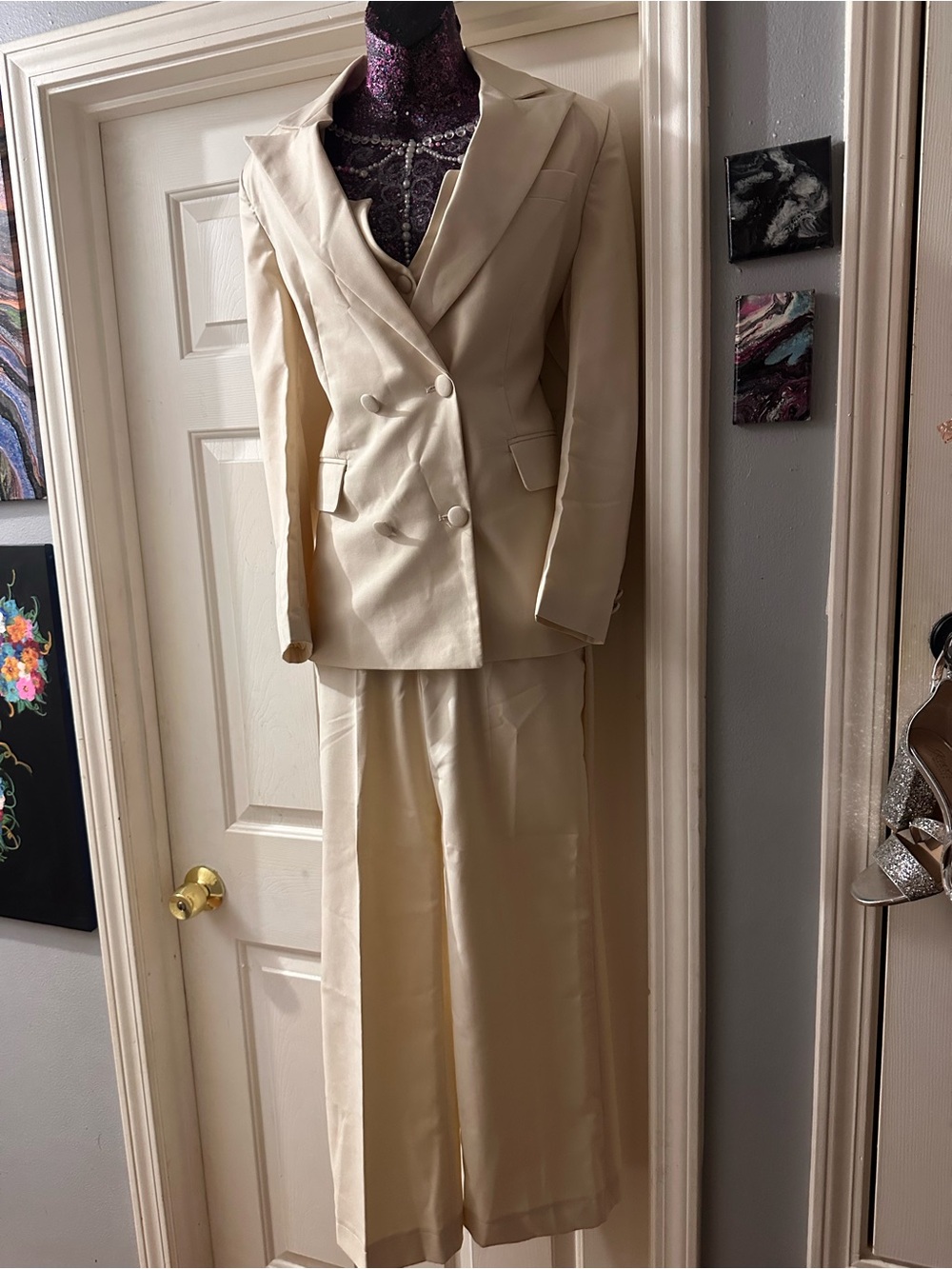 Cream Double-Breasted Blazer & Wide-Leg Suit Pants - women’s 3 piece suit